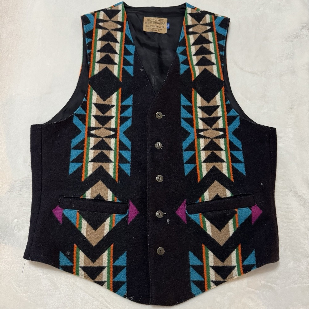 Vintage Pendleton Westernwear Vest Wool Southwest Aztec USA Mens‎ 40 Black